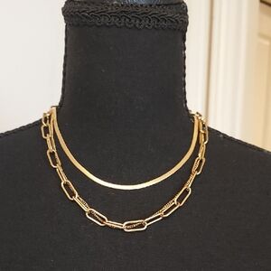 Gold Tone Triple Strand Necklace Paperclip Snake Chain Necklace
